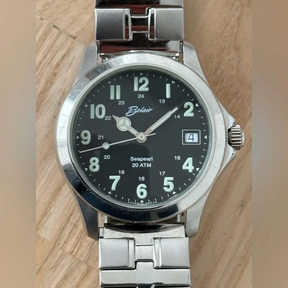 Belair Seapearl 20 ATM Rare Luxury Watch Black Dial Stretch Bracelet Date Window